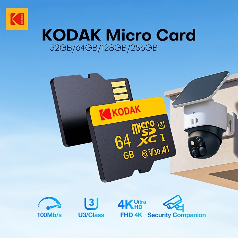 

[1pc Kodak Micro Sd Card] Kodak 1pc Micro Sd Card For Security Cameras, 32gb/64gb/128gb/256gb, U3 Class 10, 100mbps, Fhd 4k Compatible, With Sd Adapter For Smartphones And Cameras