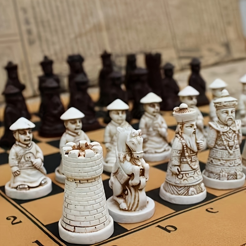 

Vintage Style Chess Set, Leather Chessboard, 3d Resin Pieces, Creative Soldier Figurines, Classic Game