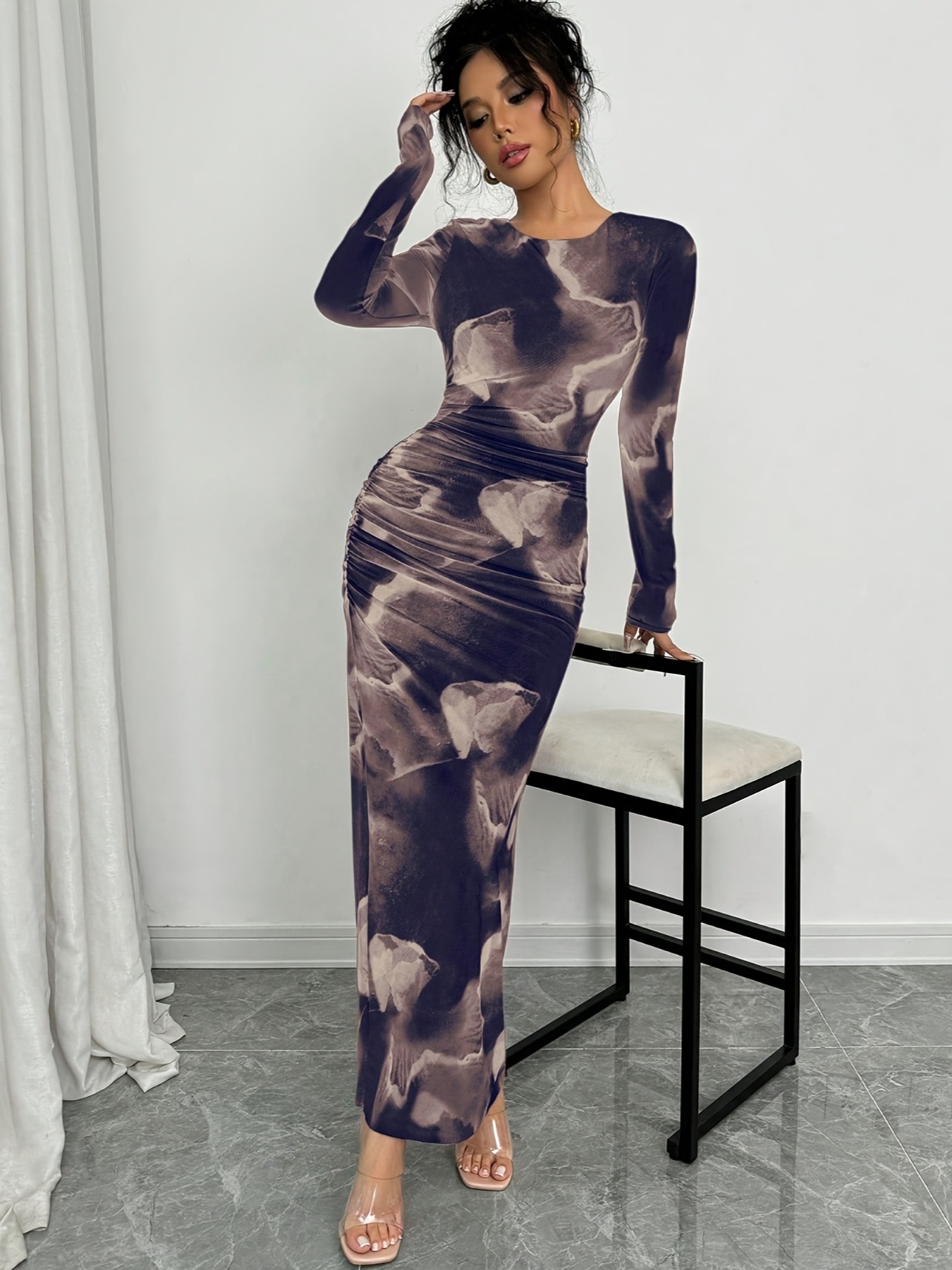 womens elegant tie dye long sleeve bodycon dress length - Temu Finland