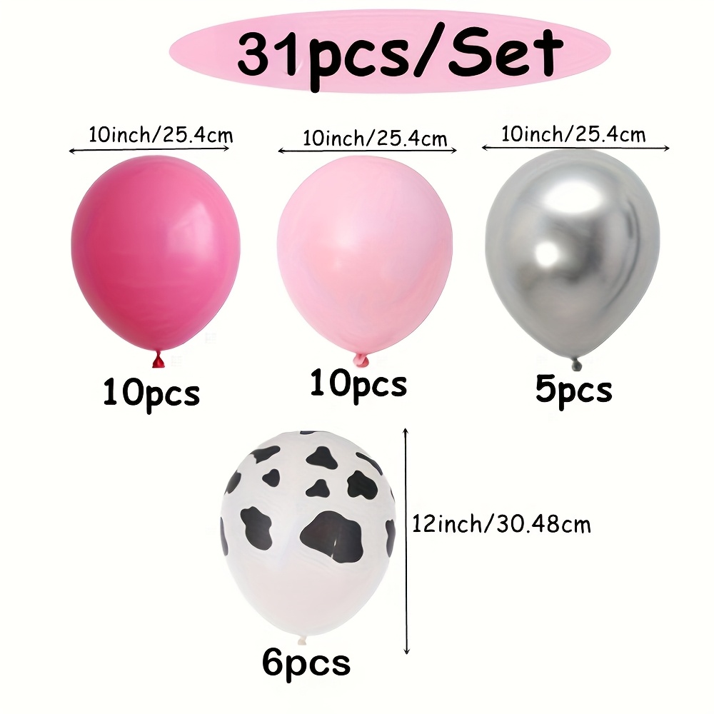 Image of 31pcs, Rose Red Pink For Cow Balloons Set, 12-inch For Cow Print Balloons, Metallic Silvery Hot Pink Balloons For Cowgirl Birthday Bachelorette Bride To Decorations