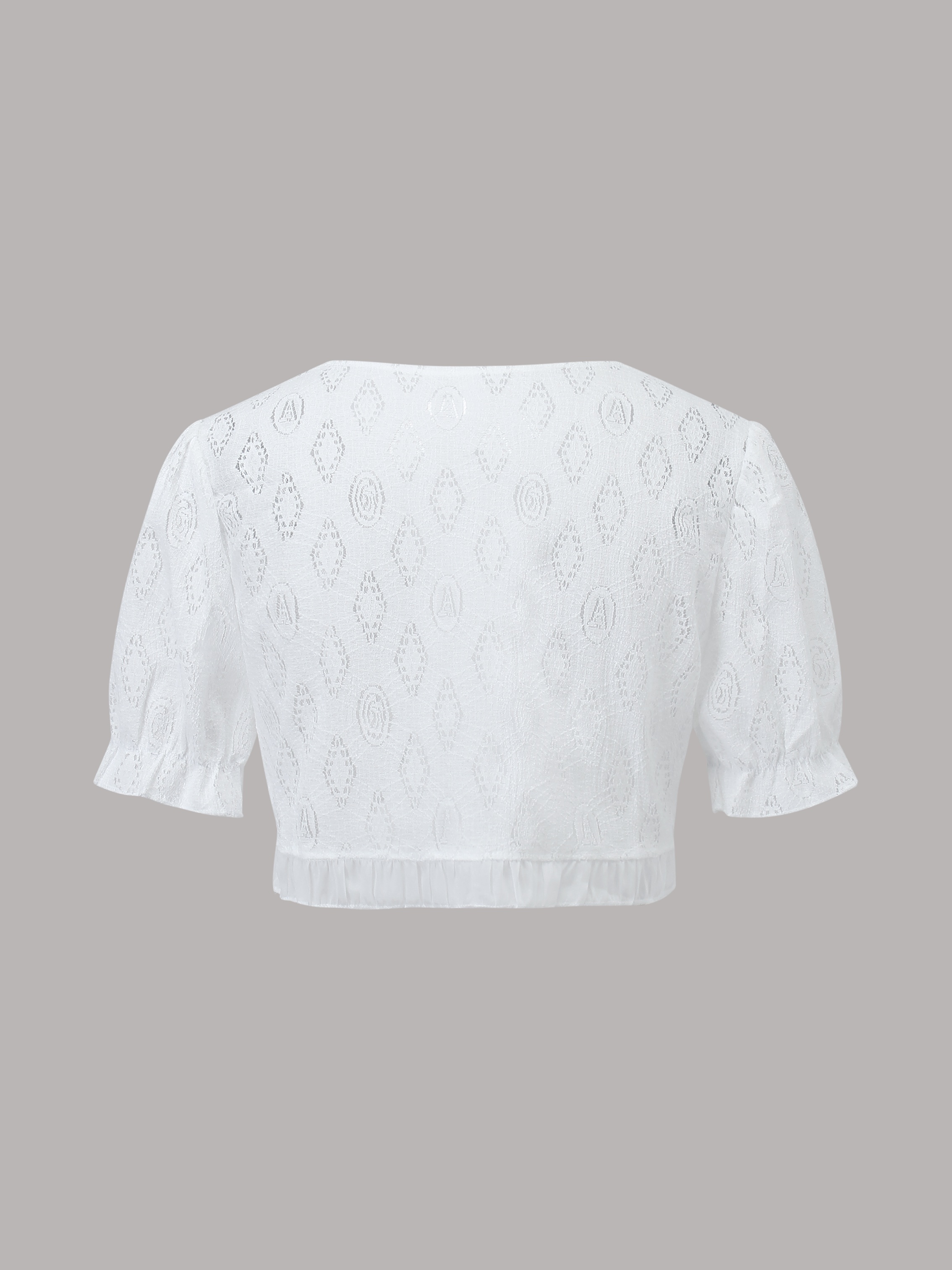 Solid Eyelet Contrast Lace Crop Cardigan, Elegant Puff Short Sleeve Open Front Top, Women's Clothing