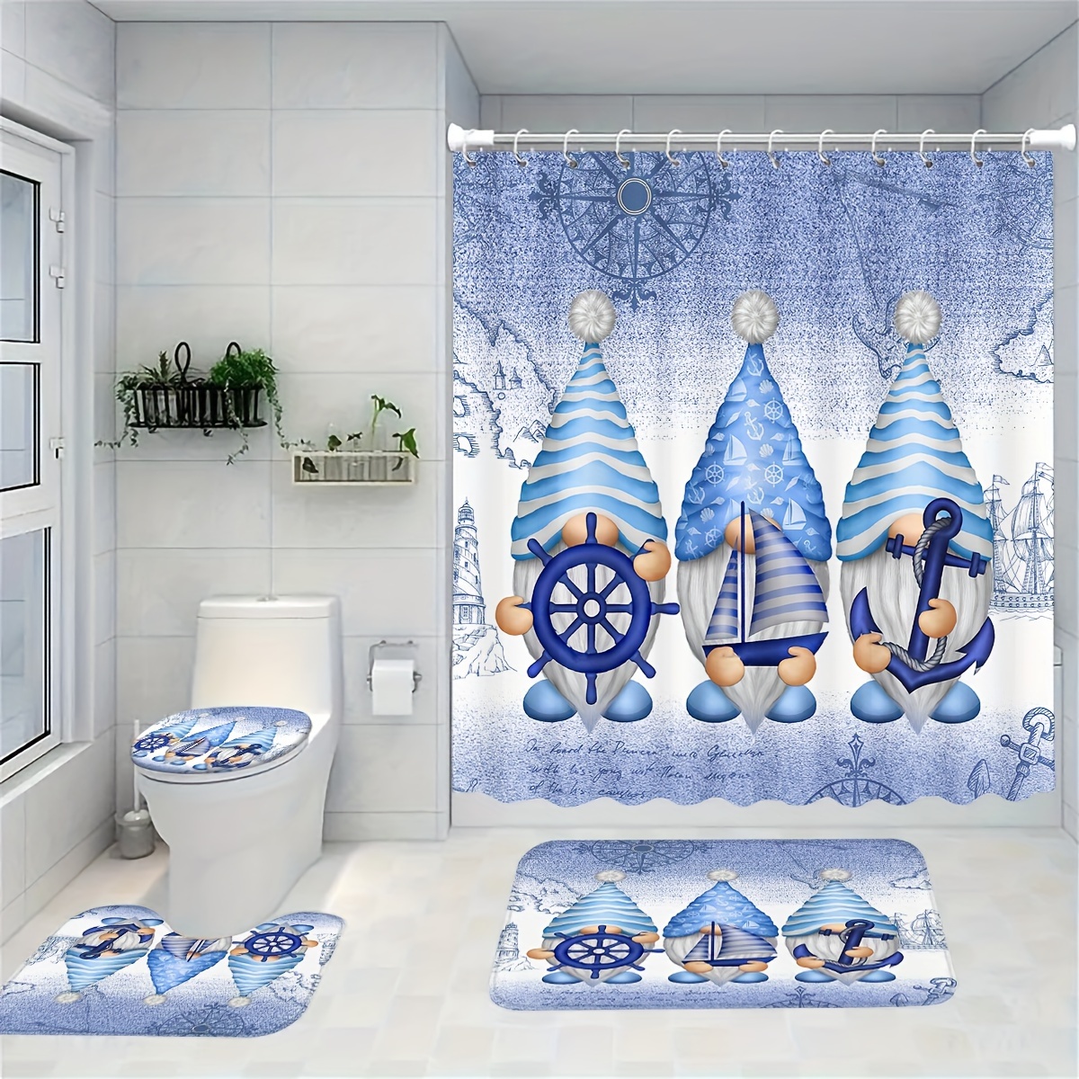 

1/4pcs Blue Ocean Gnome Pattern Shower Curtain Set, Shower Curtain With 12 Hooks, Non-slip Bath Mat, U-shaped Toilet Mat, Toilet Mat, Bathroom Decor Accessories