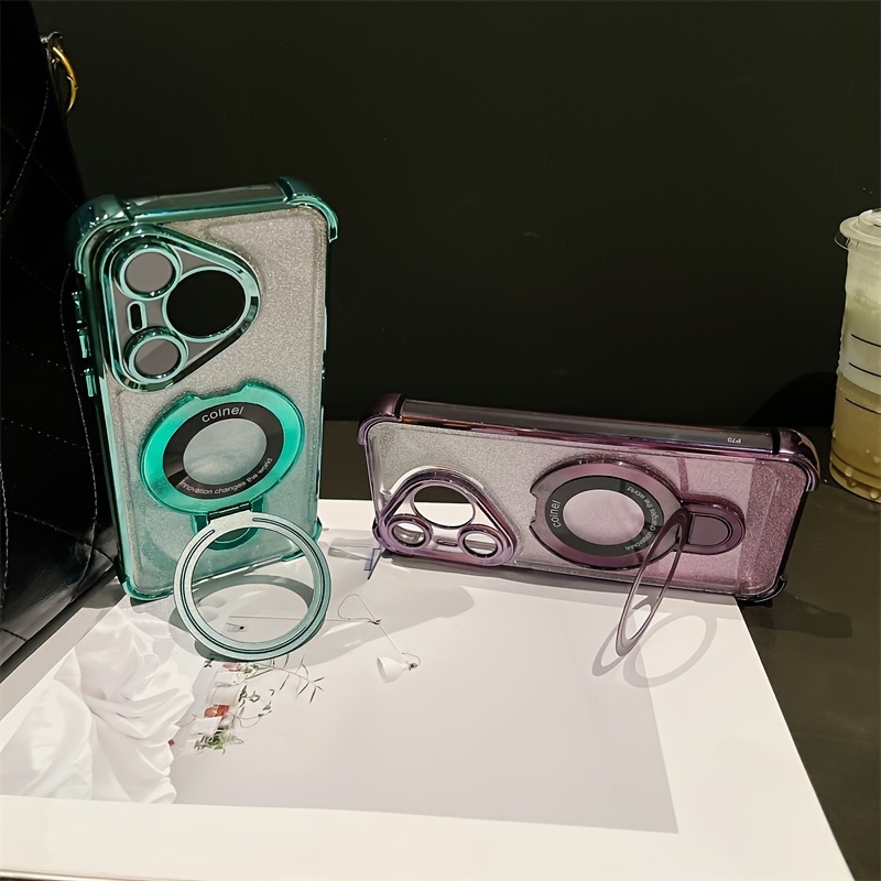 Luxury Electroplated PC Phone Case with Holder, Air Cushion, Wireless Charging for Huawei P70 - Anti-Drop Protective Shell with HD Lens Film_voghion.com
