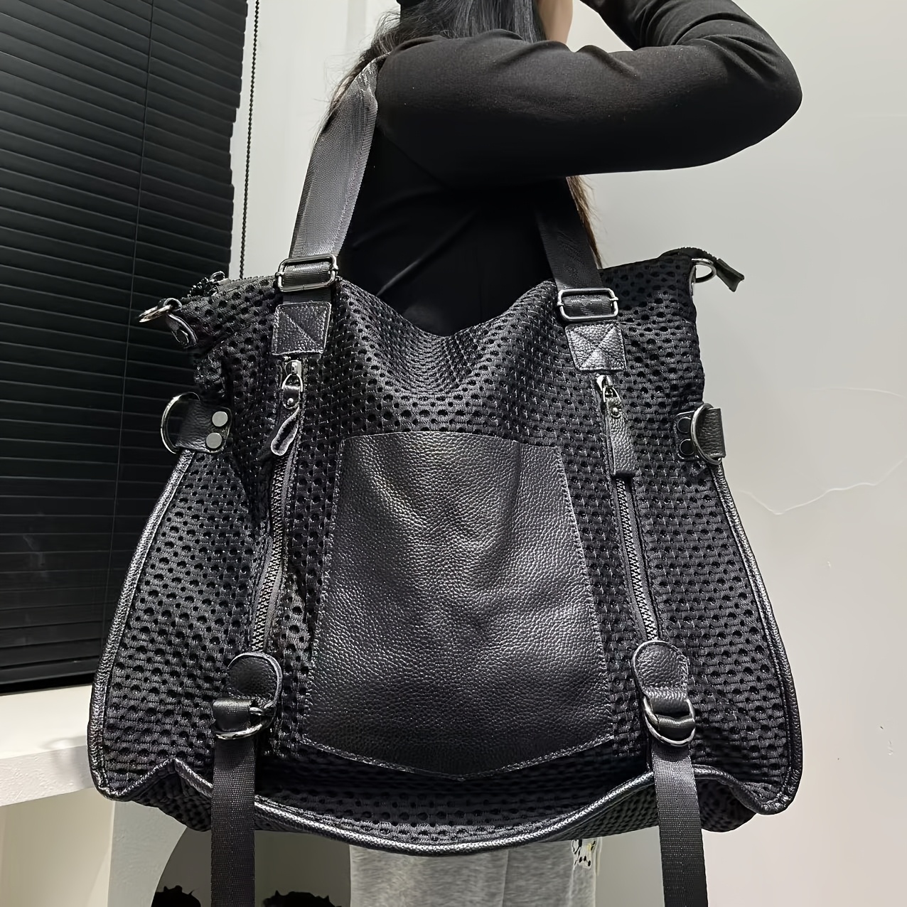 Image of Women's Fashionable And Casual Large Capacity Mesh Spliced Shoulder Bag, Rivet Shoulder Strap Retro Street Style City Bag, Y2k Multi-pocket Crossbody Bag, Suitable For Daily Use And Commuting