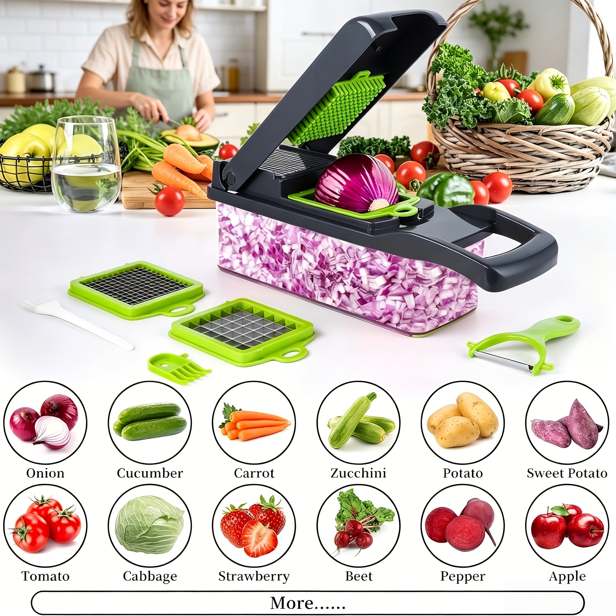 17-in-1 Vegetable Chopper With 8 Interchangeable , Multi-functional Slicer And Dicer, Dishwasher Safe, For Onions, Carrots, , Great For Daily Cooking