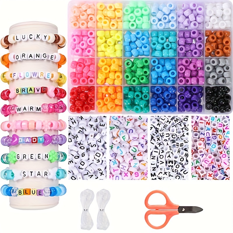 

1000pcs 24 Colors Plastic Beads And Letter Beads Kit With Scissor And Beaded Thread, For Jewelry Making Diy Stylish Hair Braids Bracelet Necklace Other Decors Handmade Craft Supplies