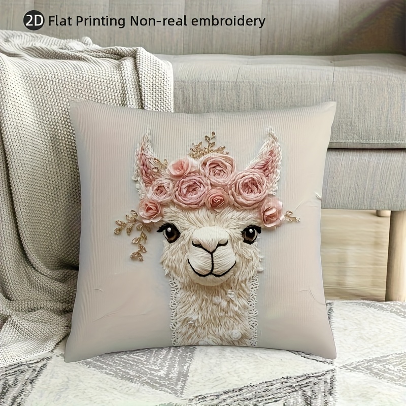 E-shop 1 Stück Vintage Alpaka mit Rosa Rosen & Krone Kissenbezug - 18x18 Zoll weicher Plüsch-Polyester-Kissenhülle, Reißverschluss, maschinenwaschbarer
