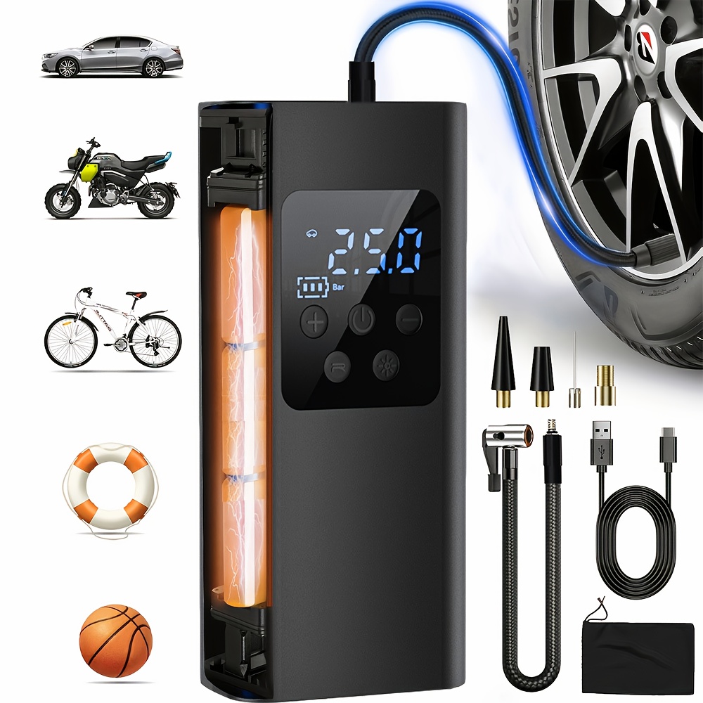 E-shop 150 PSI Elektrische Luftpumpe Kompressor - Kompakter Reifenfüller mit 3 wiederaufladbaren Batterien, LCD-Display, LED-Licht & SOS-Funktion -