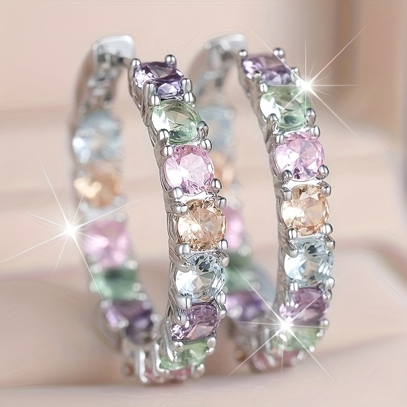 Image of Angol A Pair Of Women's Exquisite And Fashionable Silvery Rainbow Full-hoop Earrings, Suitable For Parties And Weddings