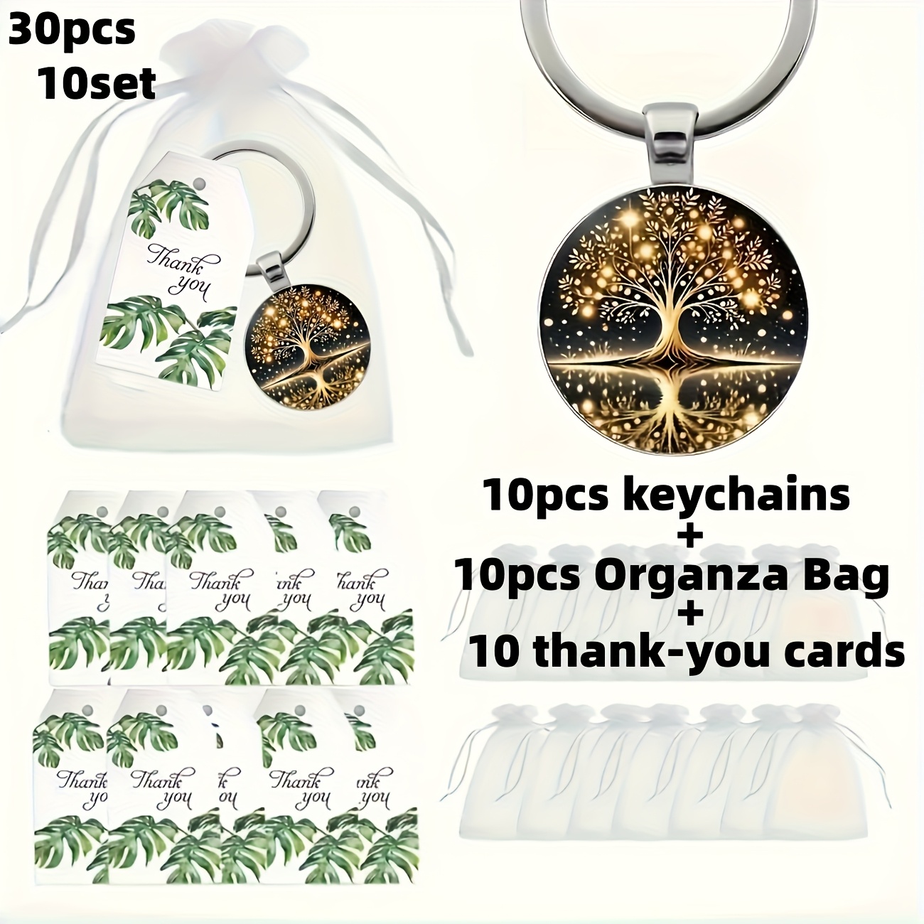 E-shop Ein Set mit 30 Artikeln (10 Sets) Baum des Lebens Schlüsselanhänger als Segensgaben, inklusive 10 grünen Blatt Dankeskarten, 10 weißen