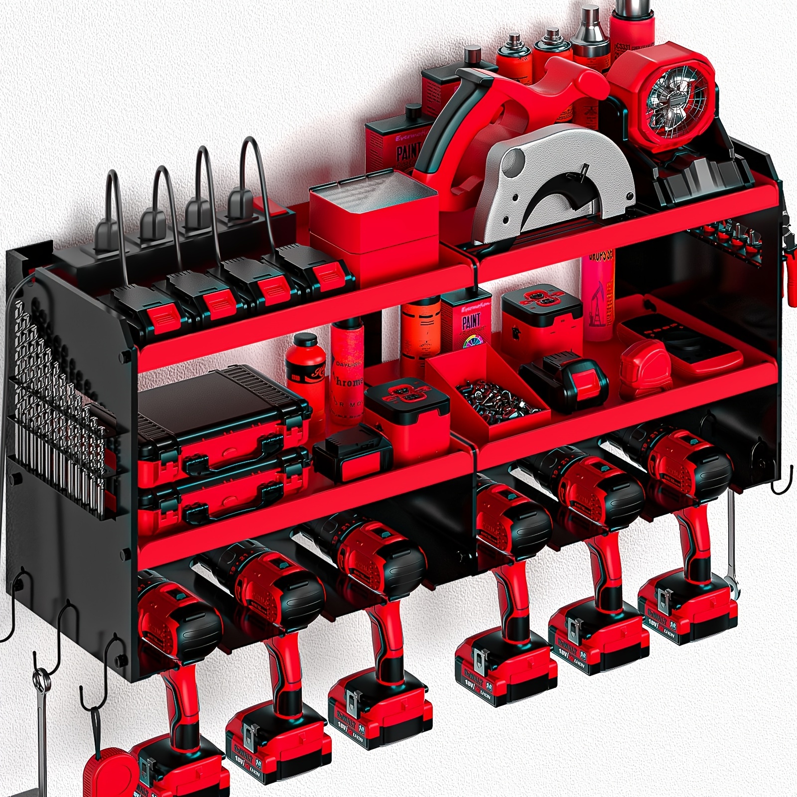 

Heavy-duty Tool Organizer With Charging Station - Wall Mounted, 6 Drill Holders, Stainless Steel Garage Shelf, Cordless Tool Storage Rack With 4 Outlet - Perfect Gift For Men