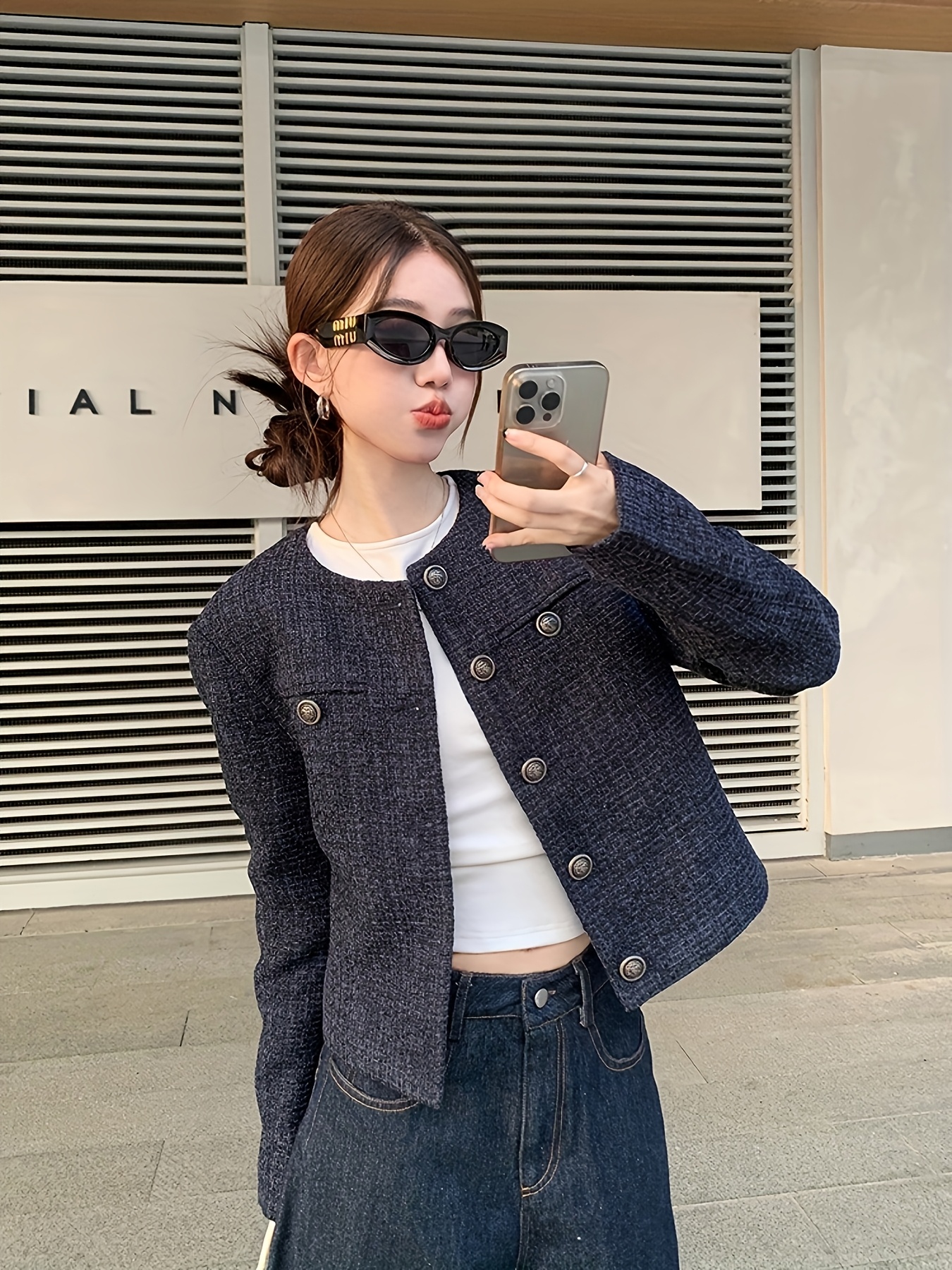 womens navy blue short vintage inspired jacket 2024 autumn