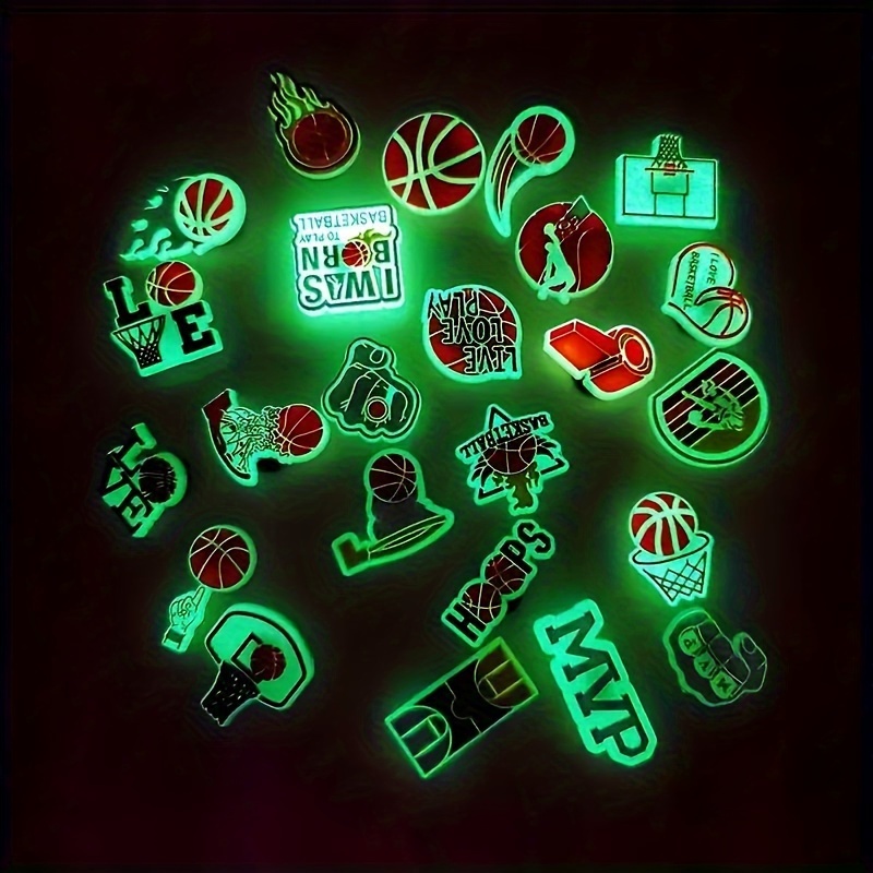 

12/24pcs Glow In The Dark Basketball Themed Stickers Set, Cartoon Cute Pvc Decorative Charms For Bags, Wristbands, And Accessories - Ideal Gift For Birthday, Christmas, Valentine's, Halloween