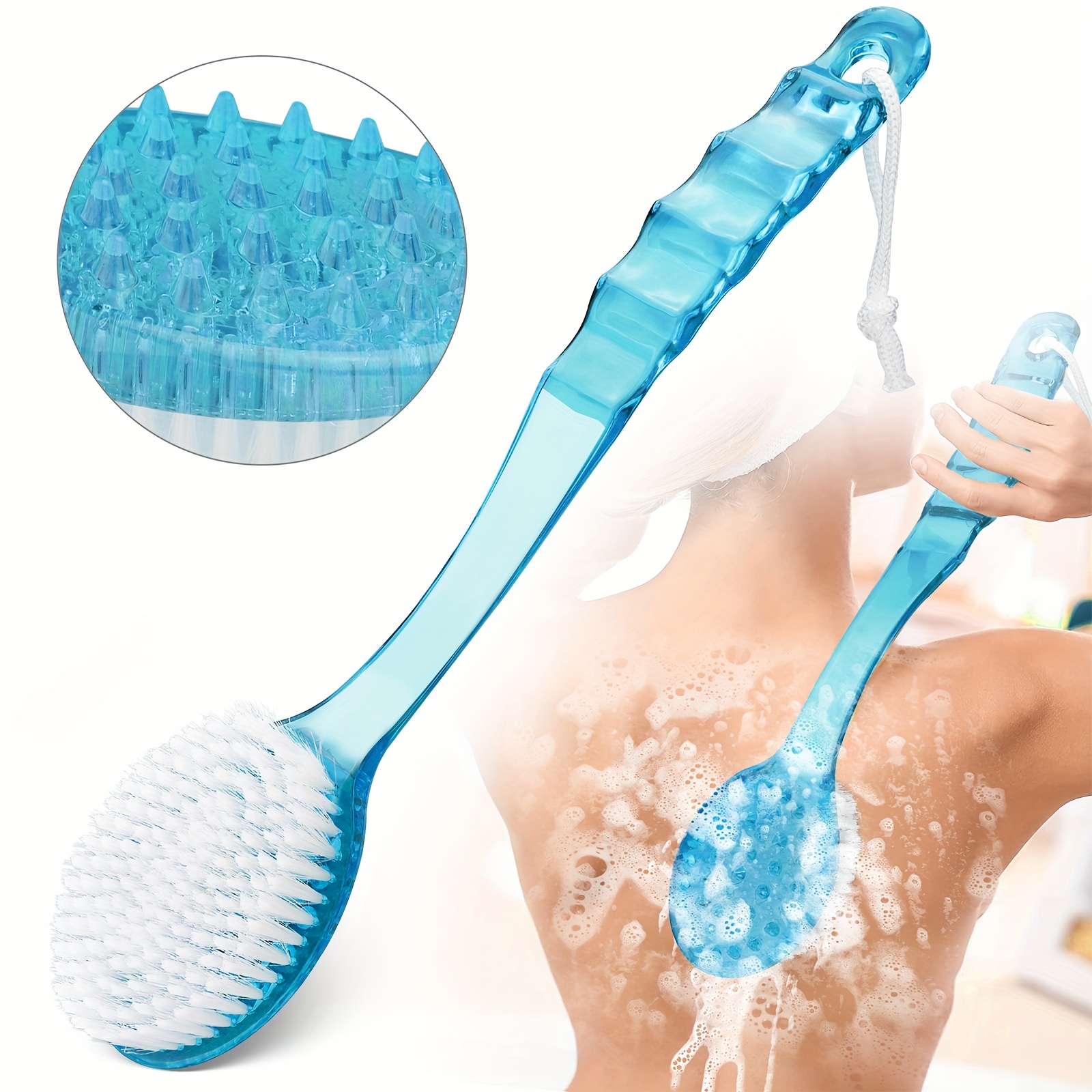TEMU Long Handle Bath Brush, Exfoliating Massage Scrubber With Hanging Rope, Soft Back Scrubber For Deep Clean & Light Beige Care, Ideal For Bathroom & Travel