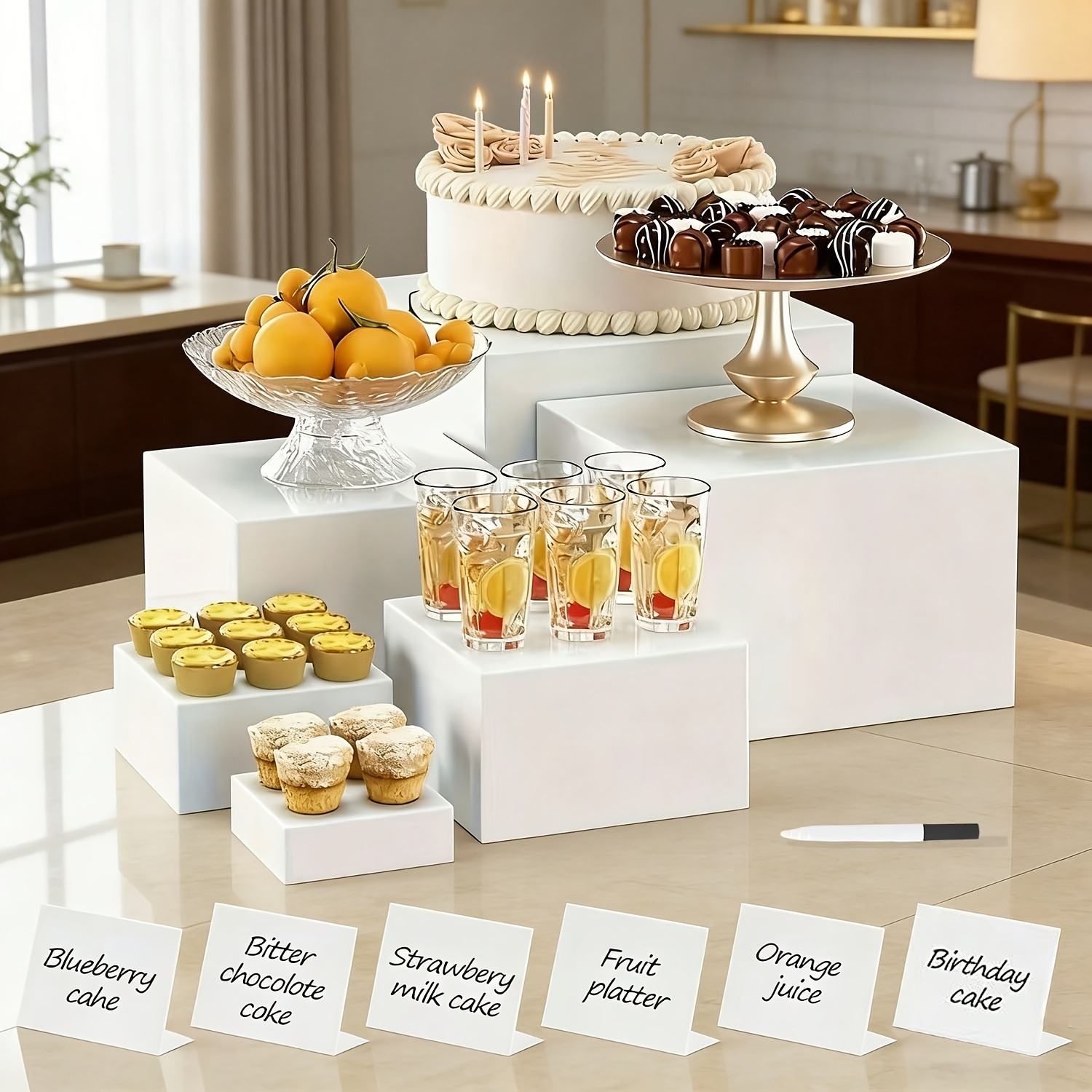 13pcs White Acrylic Cube Support Frame Set - 6 Display Stands + 6 Mini Labels + 1 Marker - Catering And Dessert Self-service Table Display Equipment