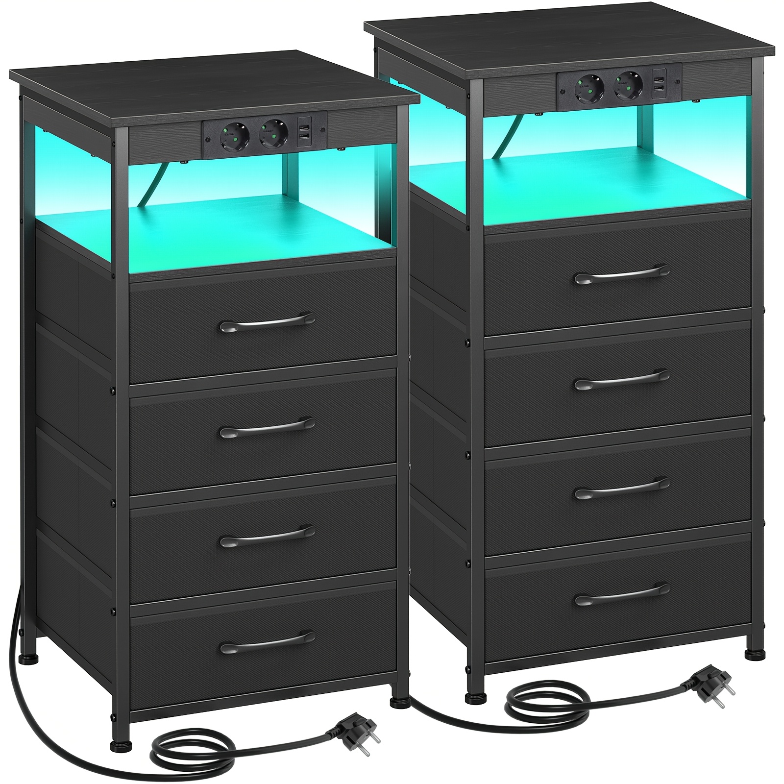 Image of Amhancible 2pcs Bedside Table Set With Charging Station, Led Light, And 4 Fabric Drawers. Sturdy, Durable, Stylish, And Suitable For Bedrooms And Living Rooms.