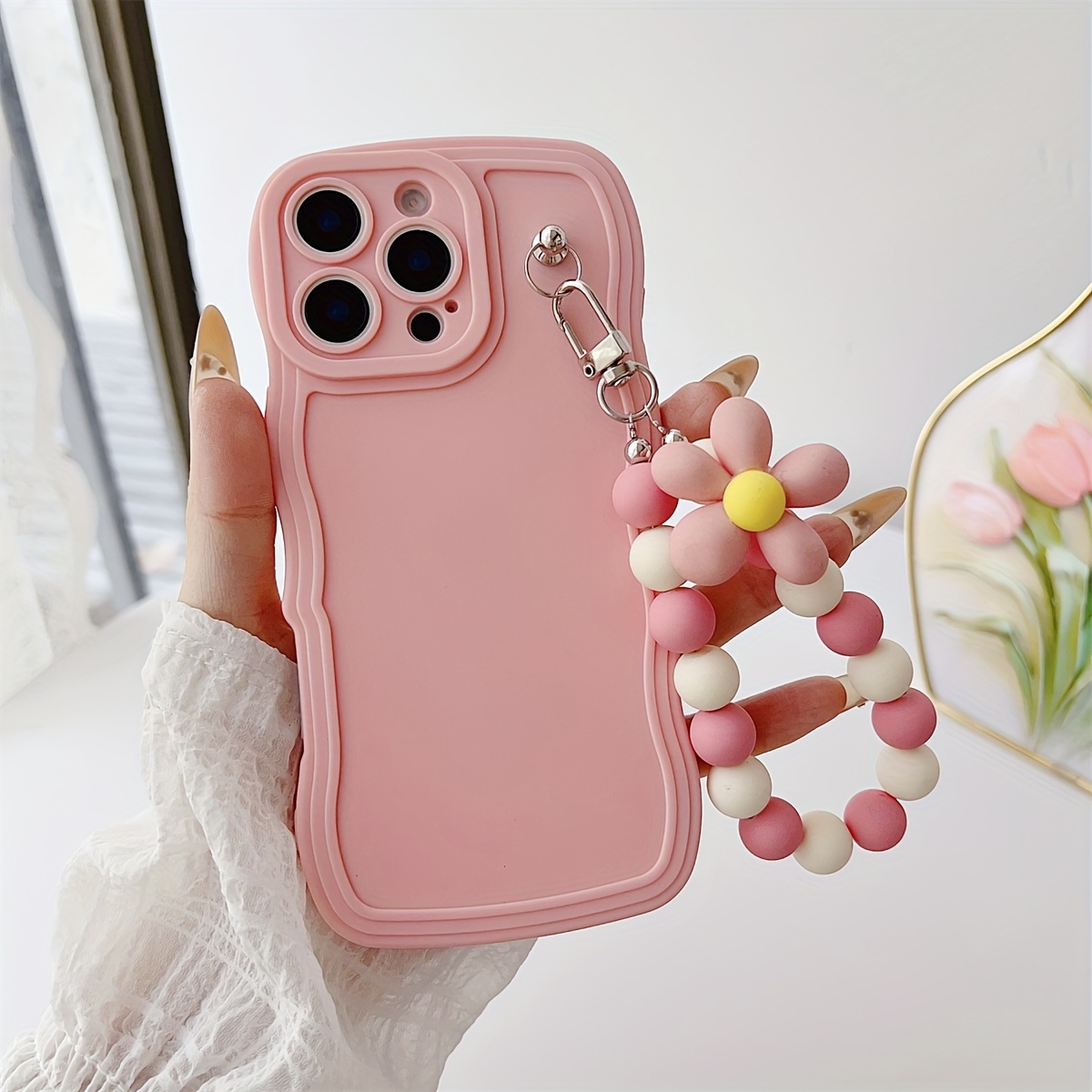 A piece Protective Phone Case with Flower-bead Wrist Strap Adorable for  Teen Girls compatible with iPhone16/7/8/11/12/13/14/15/X/XR/Xs/Plus/Pro/Pro 
