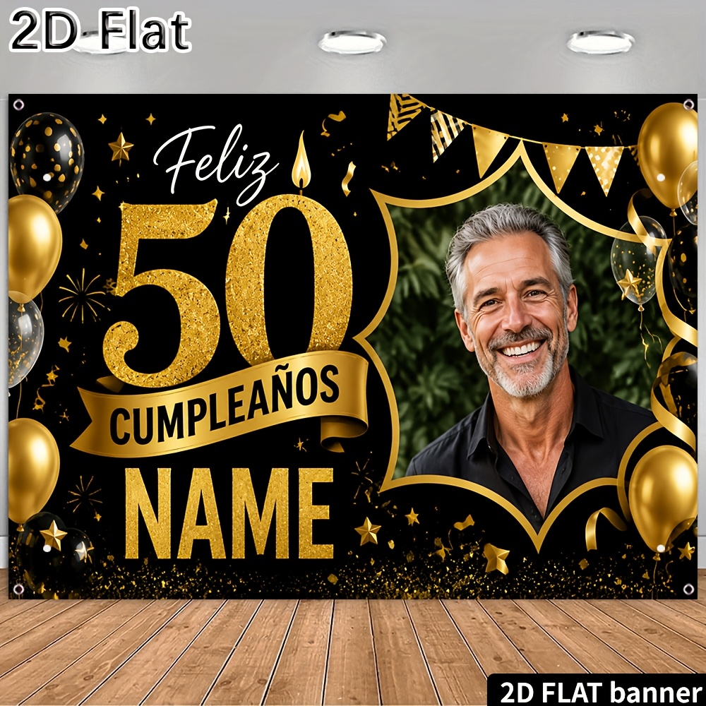 TEMU Pancarta de 2D, [2D Plat] 1 pieza con foto y personalizados, telón de dorado 50º con globos y estrellas doradas para decoración de de de