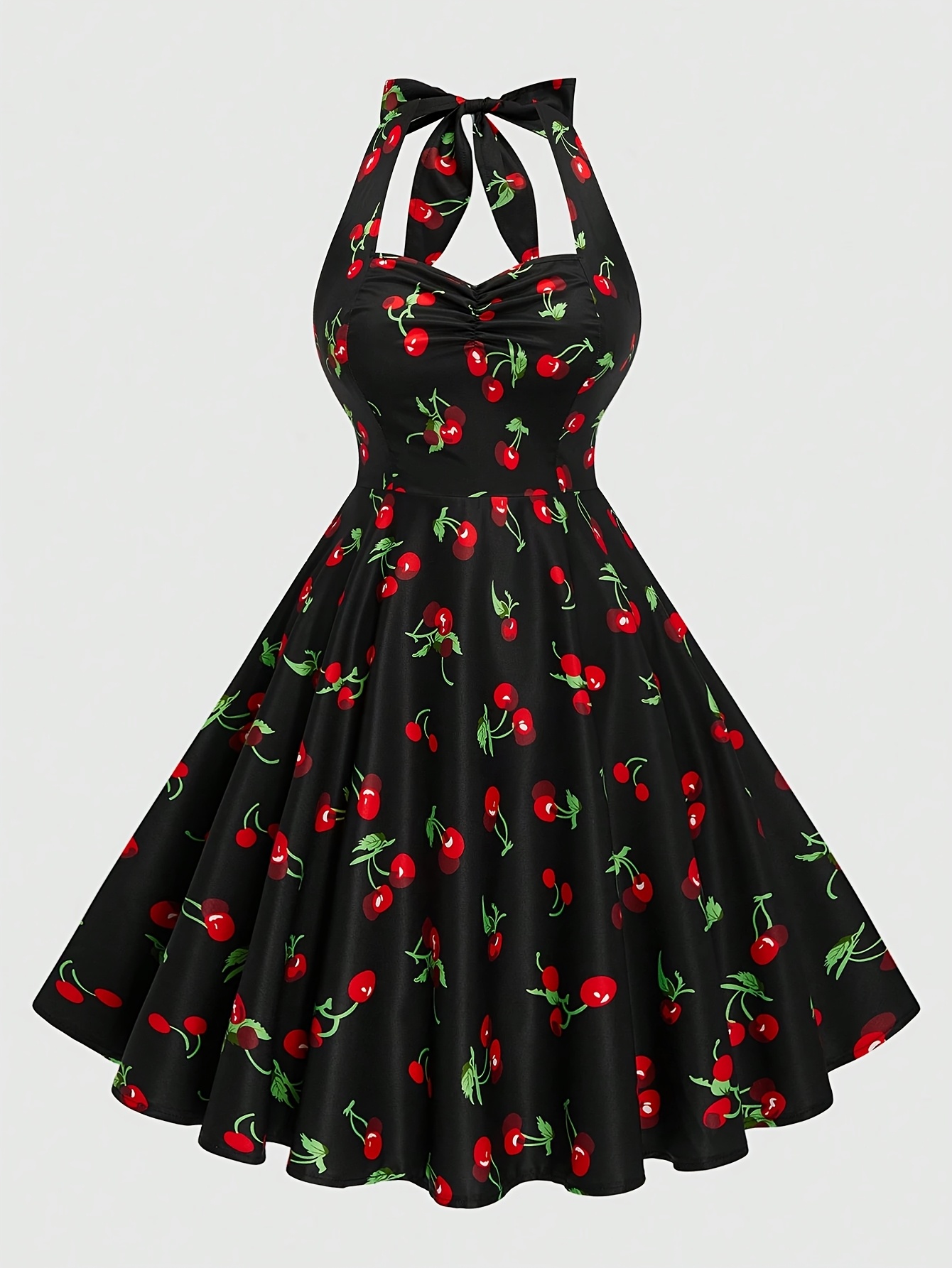 fitted lace wedding dress Berrylush Women Black & Red Cherry Printed Sweetheart Neck Front Tie-U