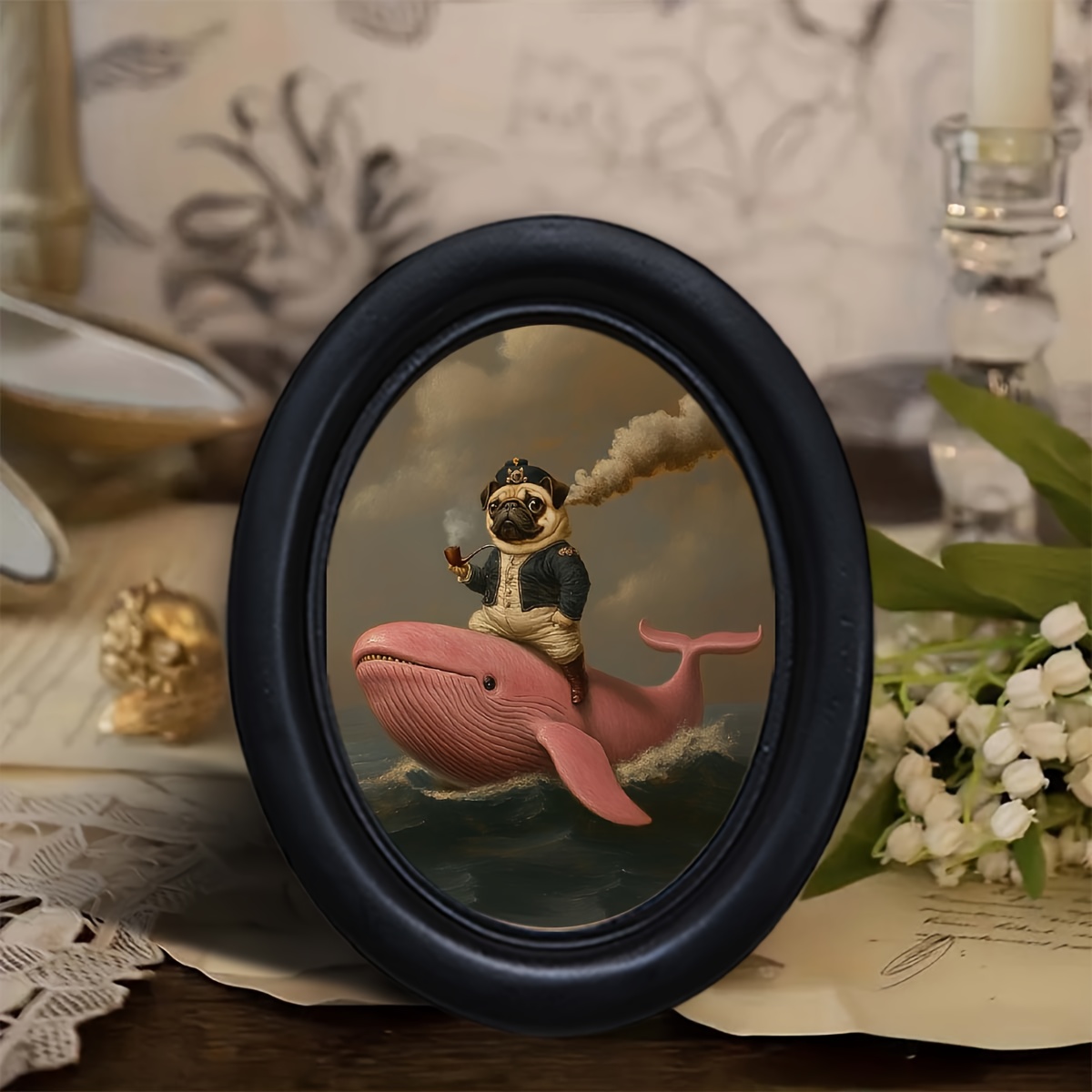 [2d flat] 1pc whimsical   riding   3d oval wooden frame photo frame - handmade, rustic farmhouse wall art for living room & bedroom decor, ideal for halloween, halloween decoration|whimsical design|handcrafted artwork, whimsical room decor, 2d flat,   room decor 0