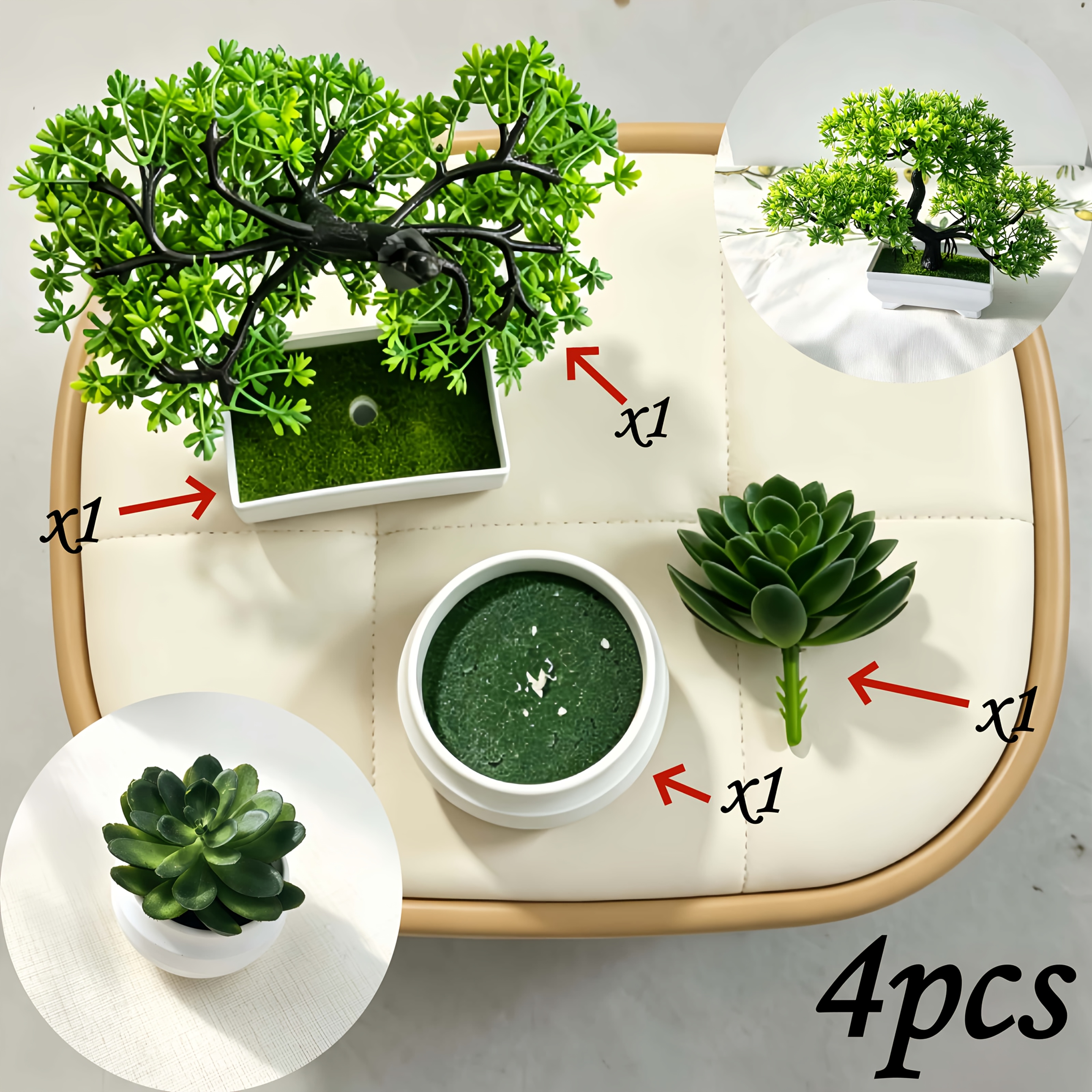 TEMU 2pcs New Wealth-attracting Artificial Bonsai Trees With Mini Succulents - Includes White Flower Pots - Realistic Texture - For Home