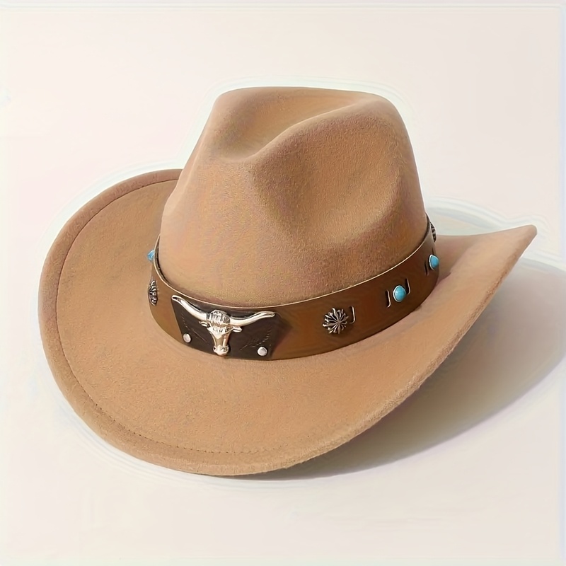 TEMU Women's Hat, Fashionable Peach Wide Brim Felt Hat With Brown Wide Belt And Silvery Metal Decoration, Outdoor For Parties, Unisex Western Cowboy