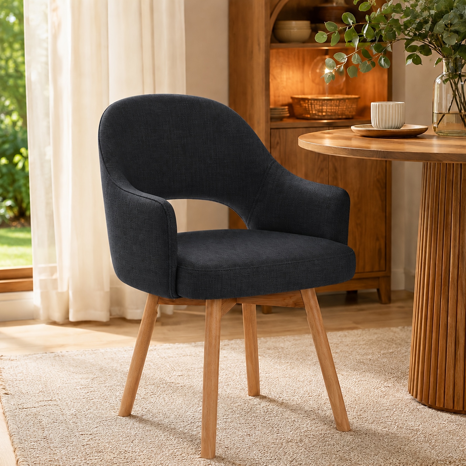Image of Dining Chairs Set Of 2, Swivel Chairs With Armrests And Wooden Legs, For Dining Room, Living Room, Bedroom, Office, Beige/black