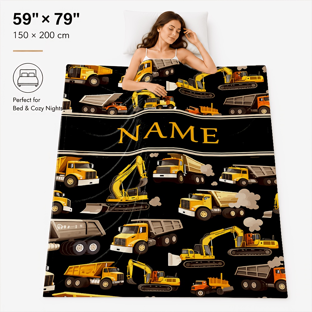 TEMU Summer Lightweight Flannel Blanket, Soft Bed Throw, Custom Name Blanket, Construction Vehicle And Airplane Print Gift, 6 Styles
