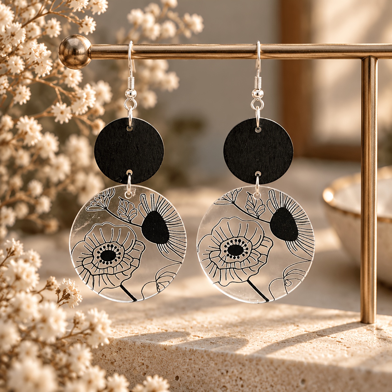 Image of 1 Pair Round Transparent Printed Acrylic Earrings, Without Battery