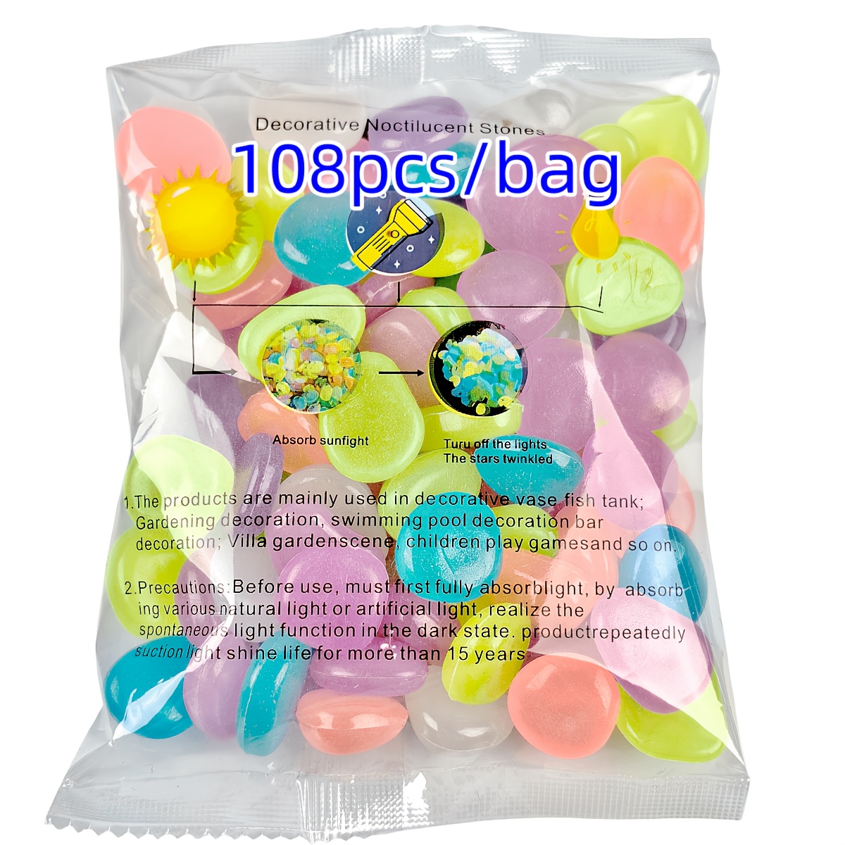 TEMU 108pcs Large Glow Stones Suitable For Aquariums,, Wedding & Decor - Self-lit Luminous Pebbles For Indoor/outdoor , Starry Sky Decoration, Glow