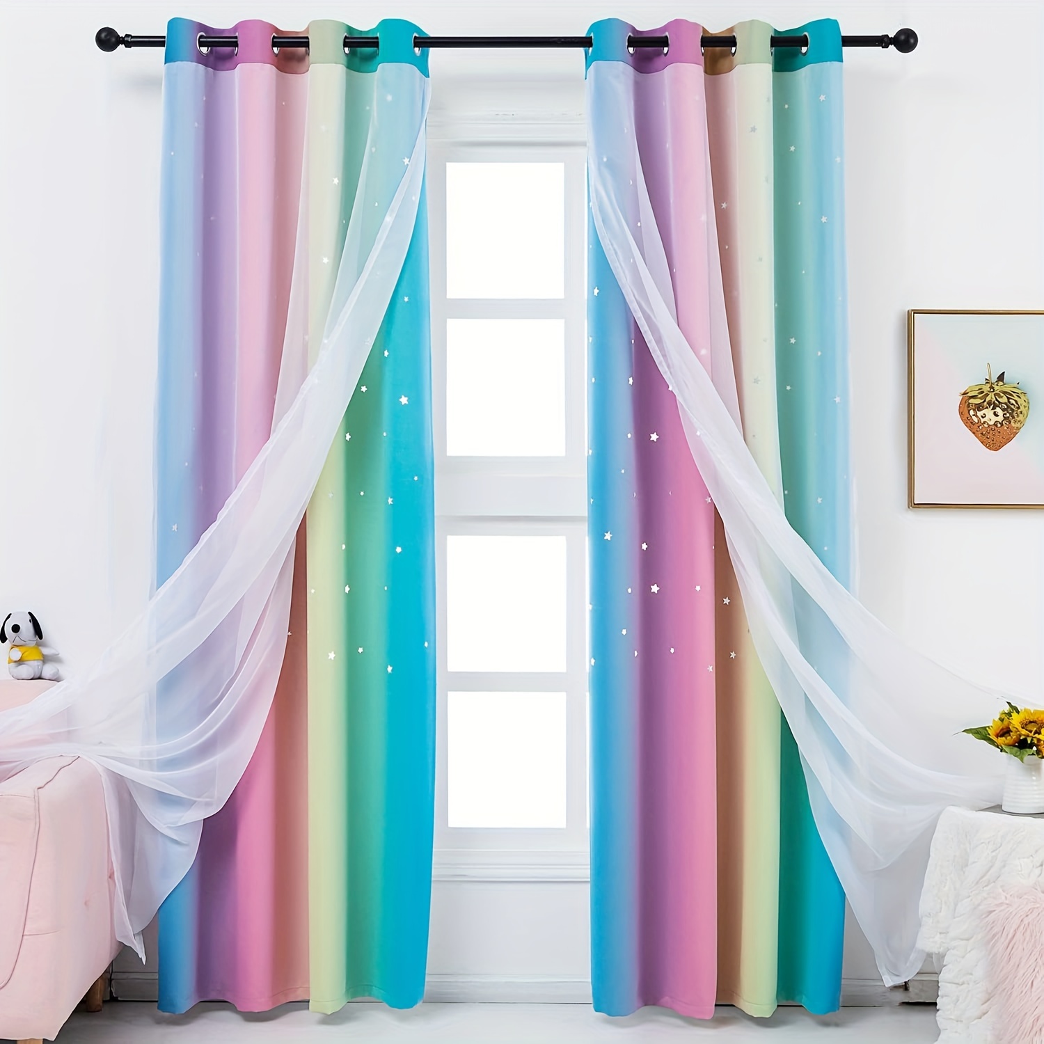 

2pcs, 2 In 1 Blackout Curtains Grommets Cutout Ombre Rainbow Curtains With Sheer For Living Room, 2 Panels In 52 Inch, Pink And Yellow