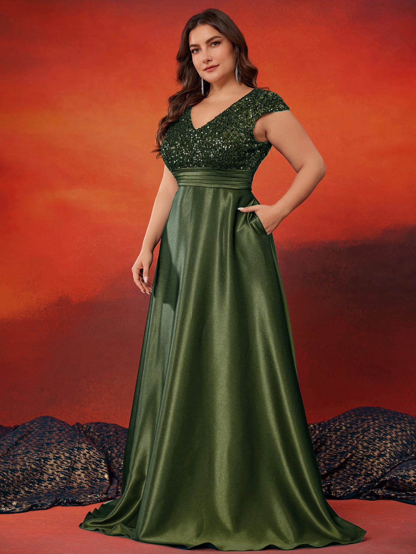 Plus Size Women's Elegant Satin Evening Gown - V-Neck Long Sleeve Sequin  Embellished A-Line Wedding Dress with Pockets, Floor-Length Formal Party &  ...