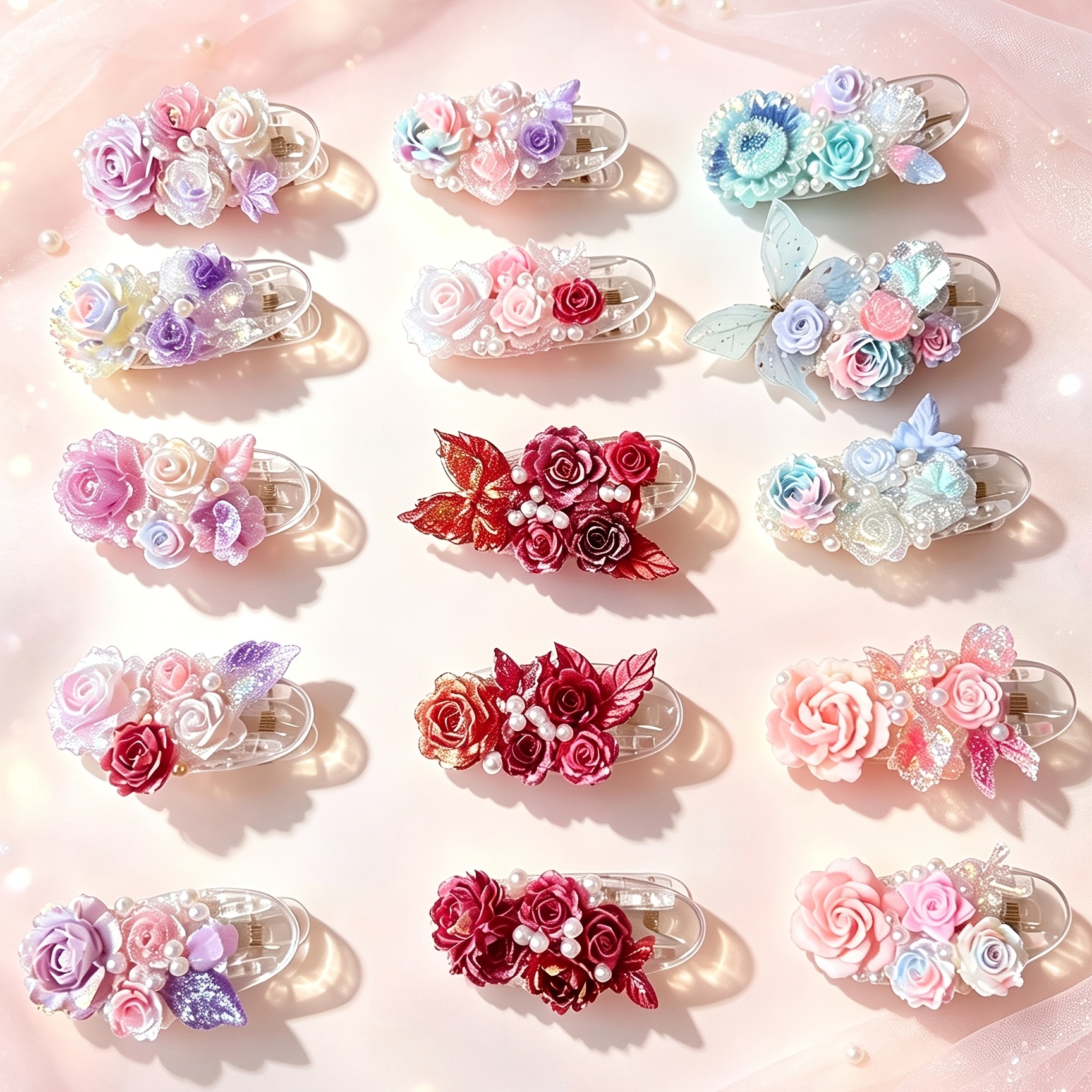 TEMU 4pcs Handmade Floral Hair Clips, 3d Glow In Dark Mixed Colors Resin Flowers & Leaves Hair Accessories For Women, Random Gift