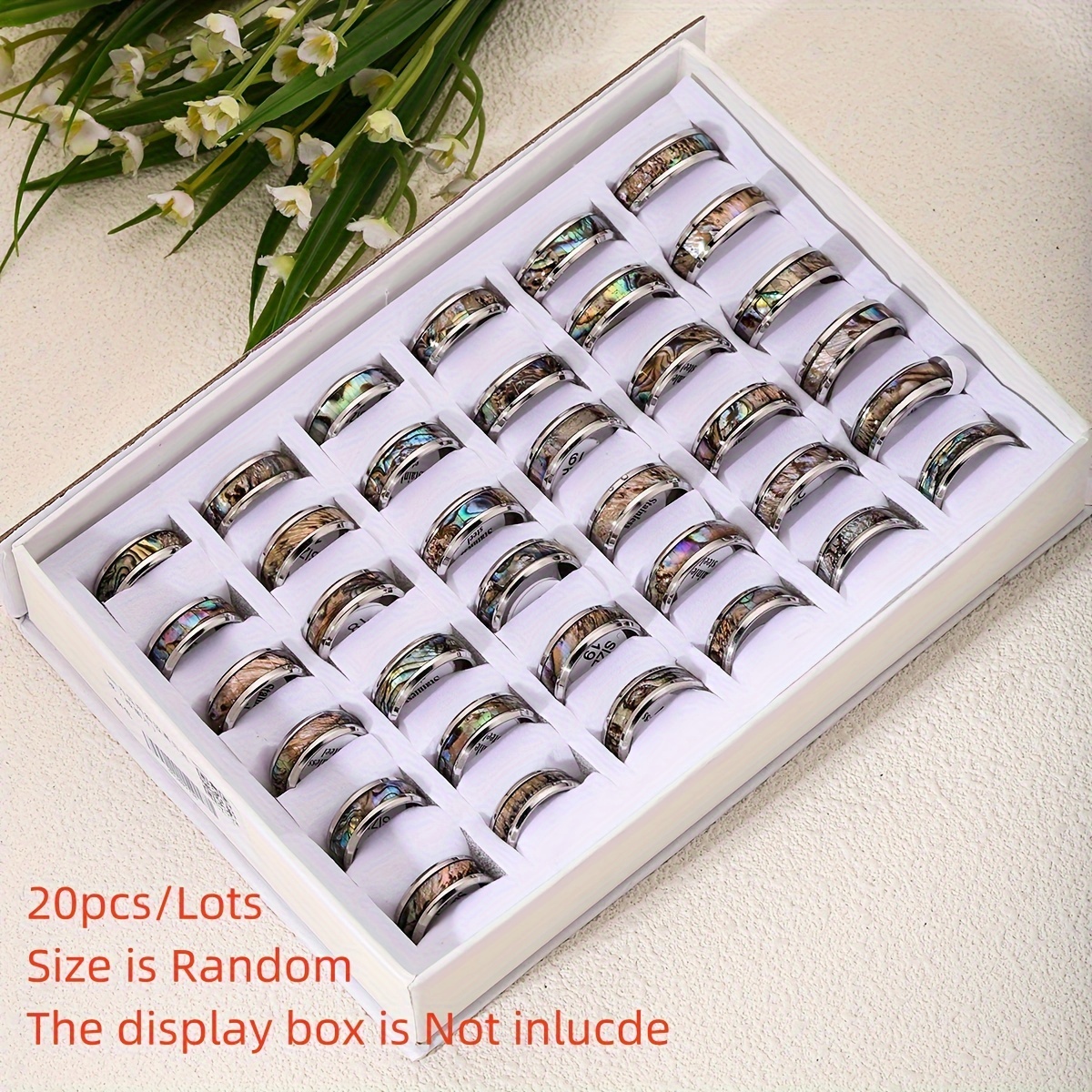 

Wholesale 20pcs/lot Fashion Sparkling Shell Stainless Steel Rings For Women Men Mix Style Wedding Party Finger Jewelry (size 17-21mm Random, Box Is Not Include)