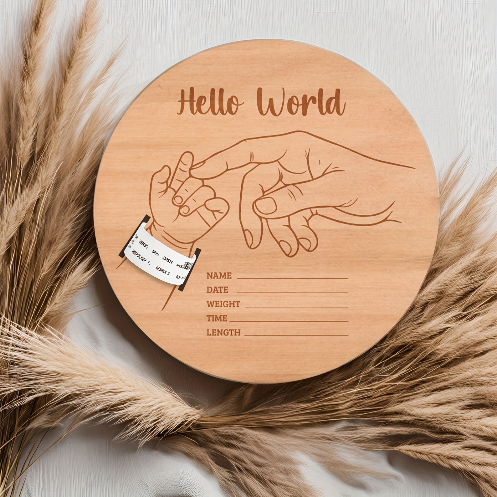 Wooden Birth Bracelet Keepsake, Round Engraved Commemorative Plaque
