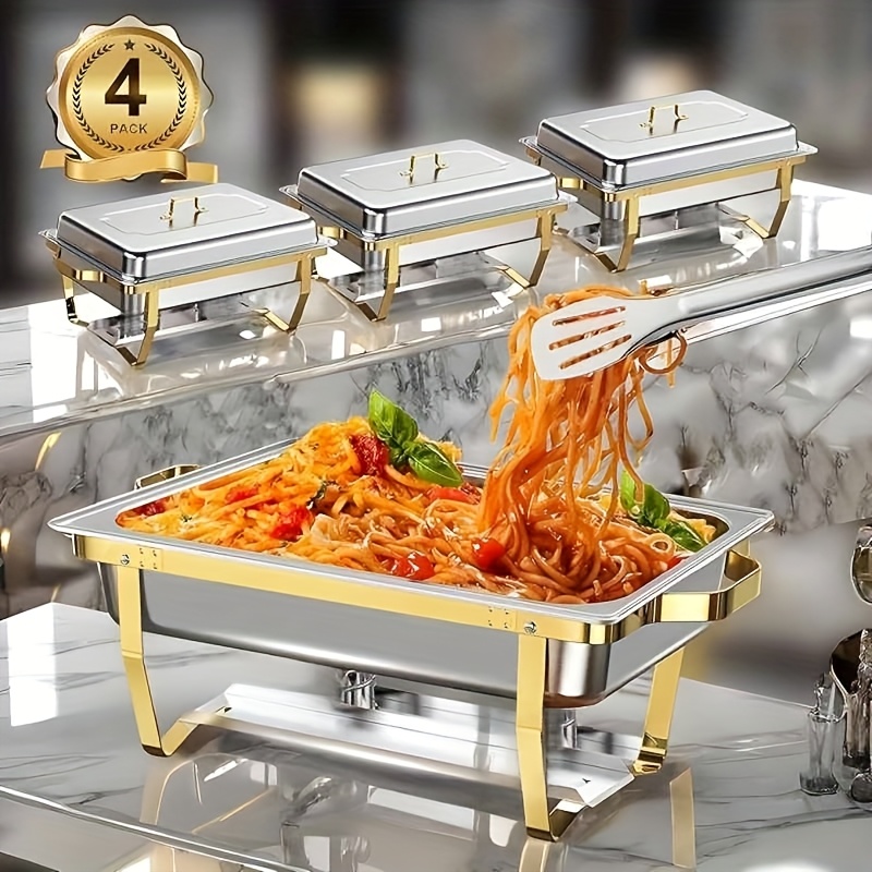 4pcs Golden Chafing Dish Buffet Set, 8qt Chafing Dishes For Buffet, Chafers And Buffet Warmers Sets For Wedding, Rolled-, Cooking