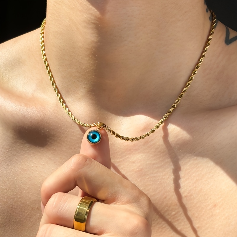 TEMU 1 Bohemian Golden Evil Eye | Square Tube Chain | Twist Chain, Men's Fashion Collarbone Chain With Unique High-end Eye Pendant Necklace, Suitable