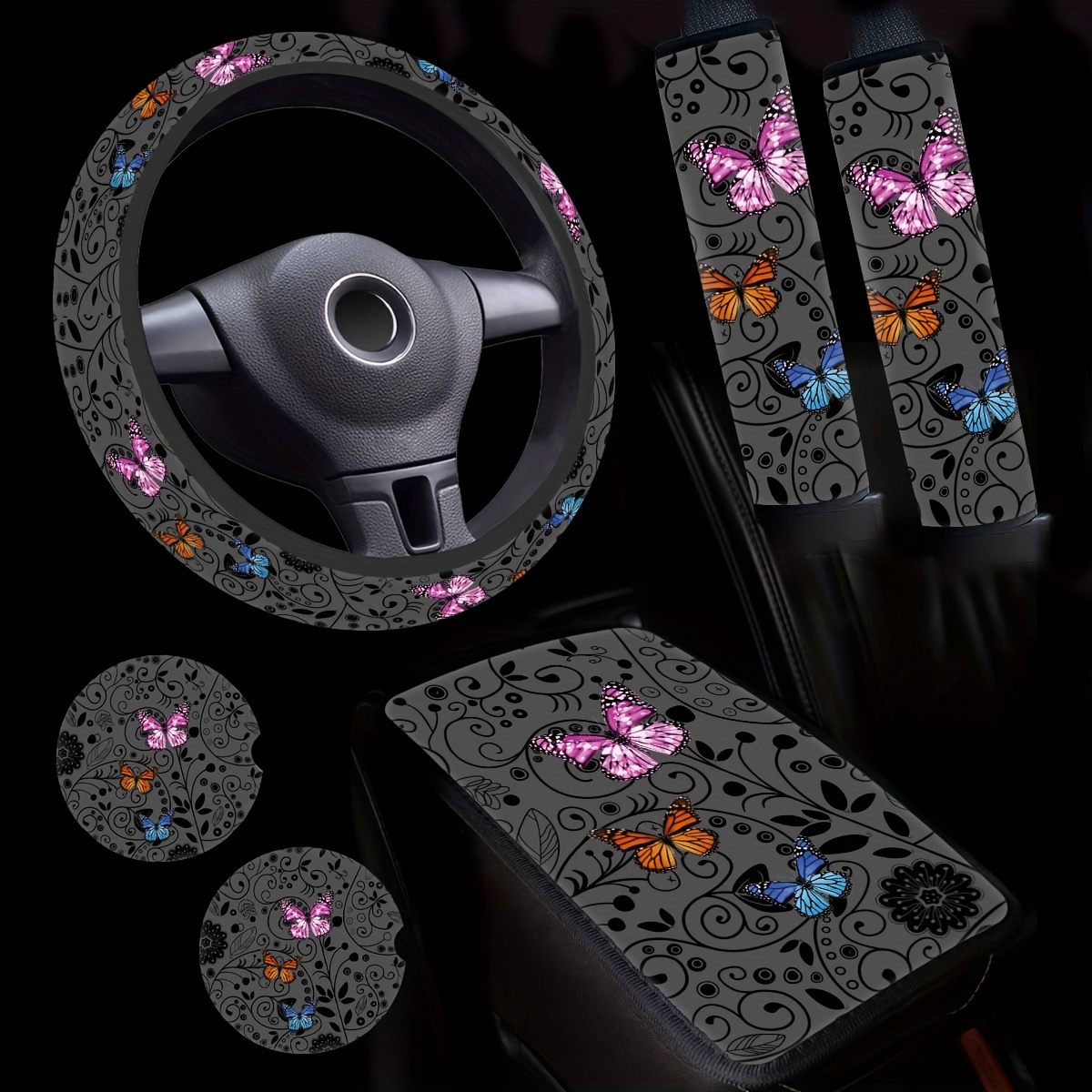 

6-piece Butterfly Pattern Car Interior Accessory Set – Stylish Polyester Fiber Covers For Steering Wheel, For Seat Belt Pads, And Center Console – Universal Fit Automotive Decor Kit