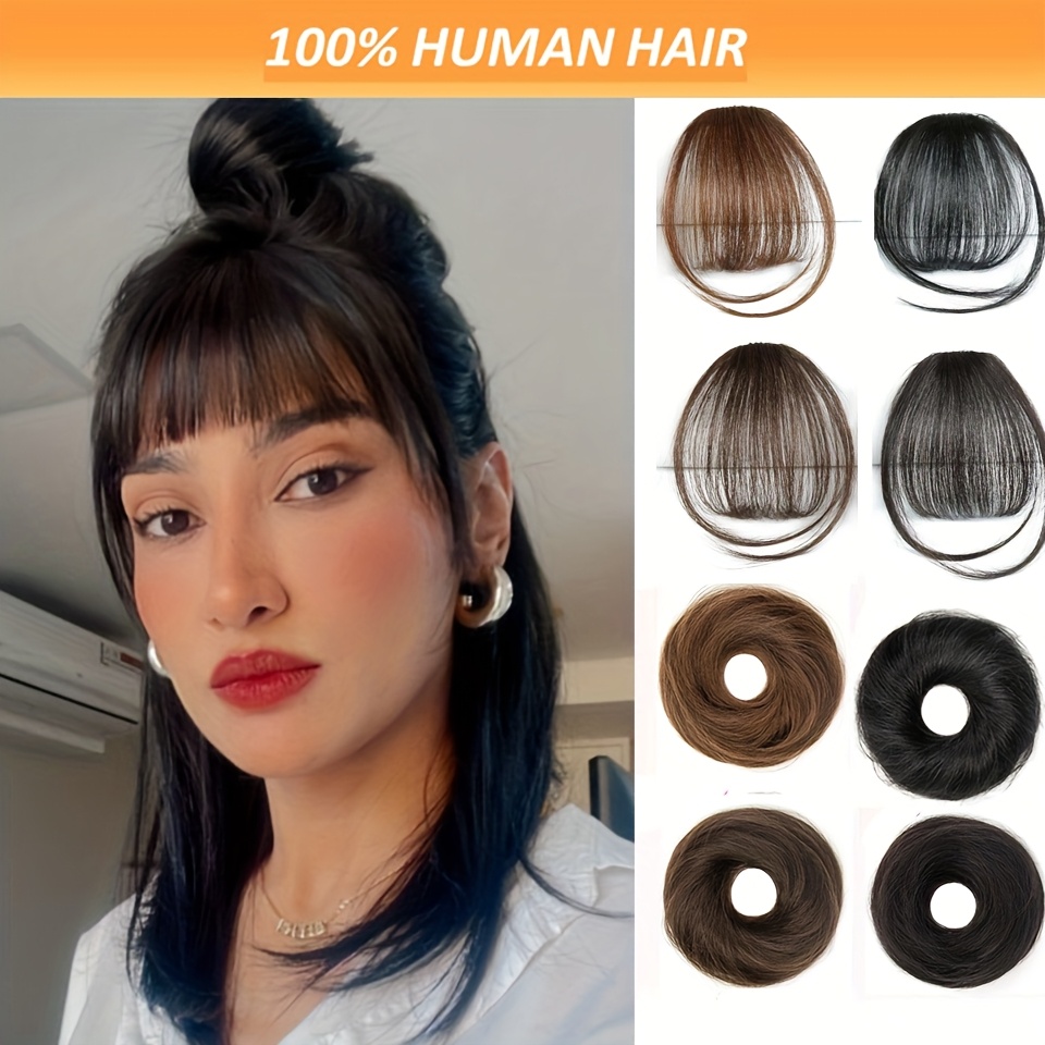 fringe air bangs 1 with sideburns 1 messy hair bun hair clip in hair extensions all handmade textile   heat resistant hairpieces for women girls   look instantly details 0