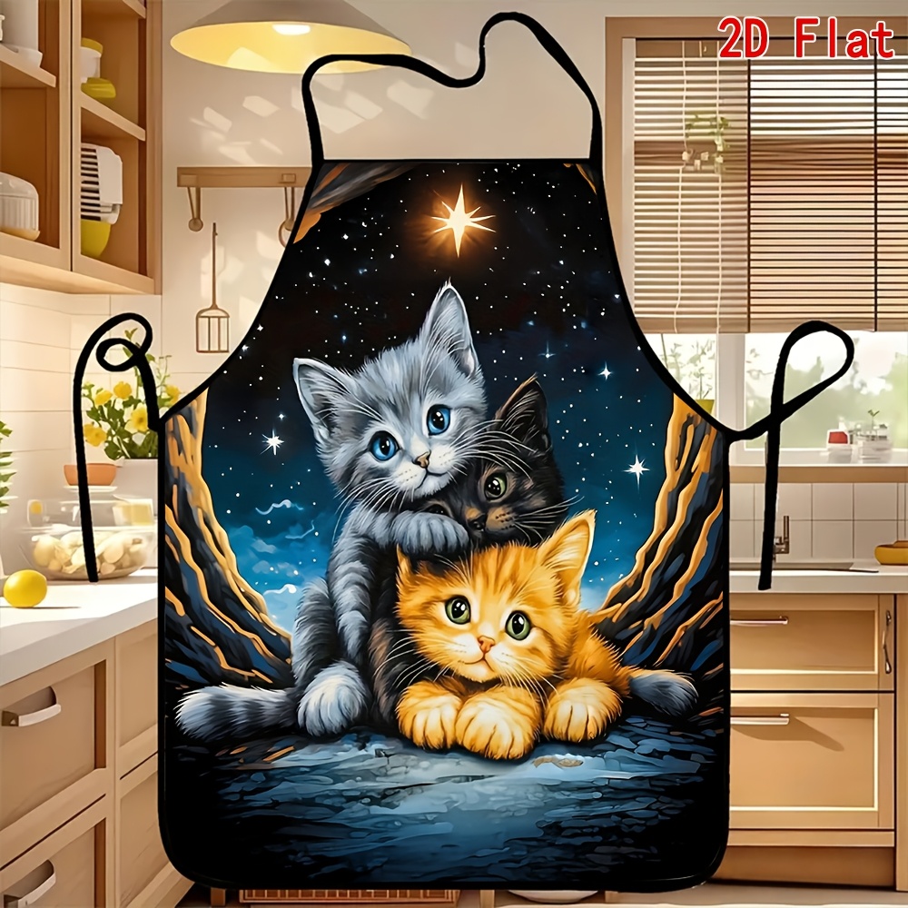 TEMU 1pc 3 Kittens Under Starry Sky Pattern Apron, Reusable, Suitable For Kitchen And Restaurant, Easy, Lightweight, Bbq, Cooking, Cafe, Easter,