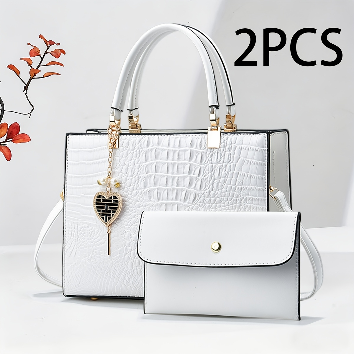 2pcs womens tote pouch handbag set shiny crocodile texture suitable for mature women dual use crossbody shoulder with zipper closure tote and matching pouch for daily shopping banquet versatile high end gift 0