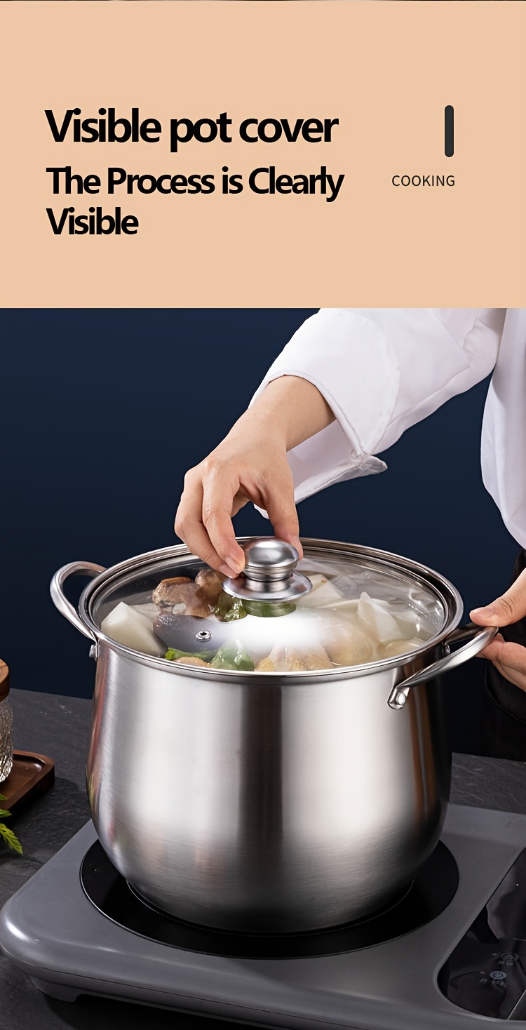 large stainless steel soup pot with glass lid thickened elevated multi functional for   and soups compatible with gas induction cooktops ideal for home and restaurant use details 1