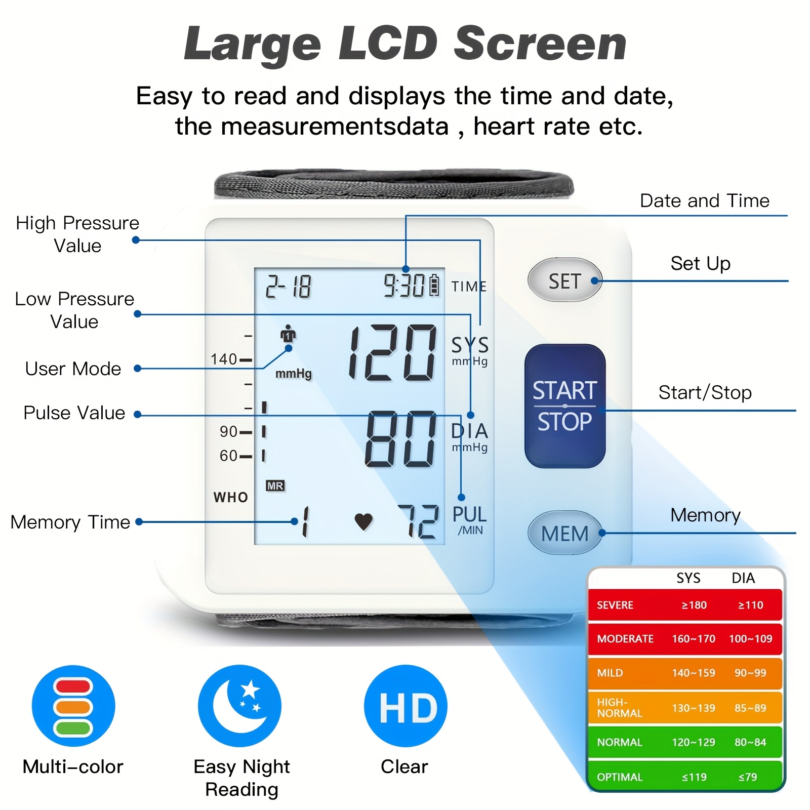   fully automatic wrist   with lcd display adjustable cuff   detection and irregular heartbeat alarm battery powered usb powered blood pressure measurement   display Product details 4