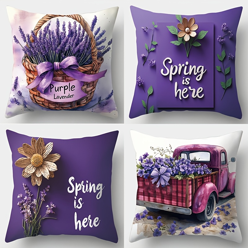 

4pcs Spring & Lavender Themed Pillow Covers, 17.7" Square, Soft Polyester With Zipper Closure - Vibrant Purple & Pink Designs For Sofa And Bedroom Decor, Machine Washable (inserts Not Included)