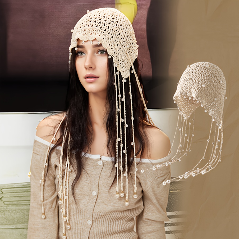 1pc handmade beanie hat boho tassel crochet head smock  display picture 2