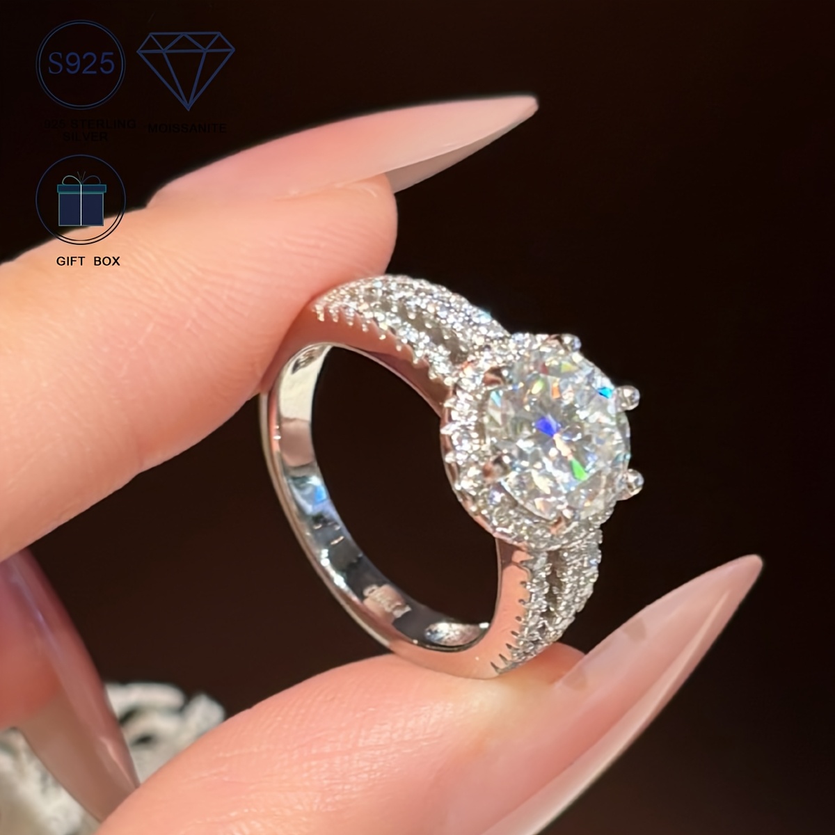 925 Sterling Silvery 2 Carat Round Moissanite Ring for Women, Classic Elegant Three-Row Round Wedding Engagement Ring Jewelry, Ideal Gift for Valentine's Day, Mother's Day, Anniversary, Comes with Moissanite Certificate and Exquisite Gift Box
