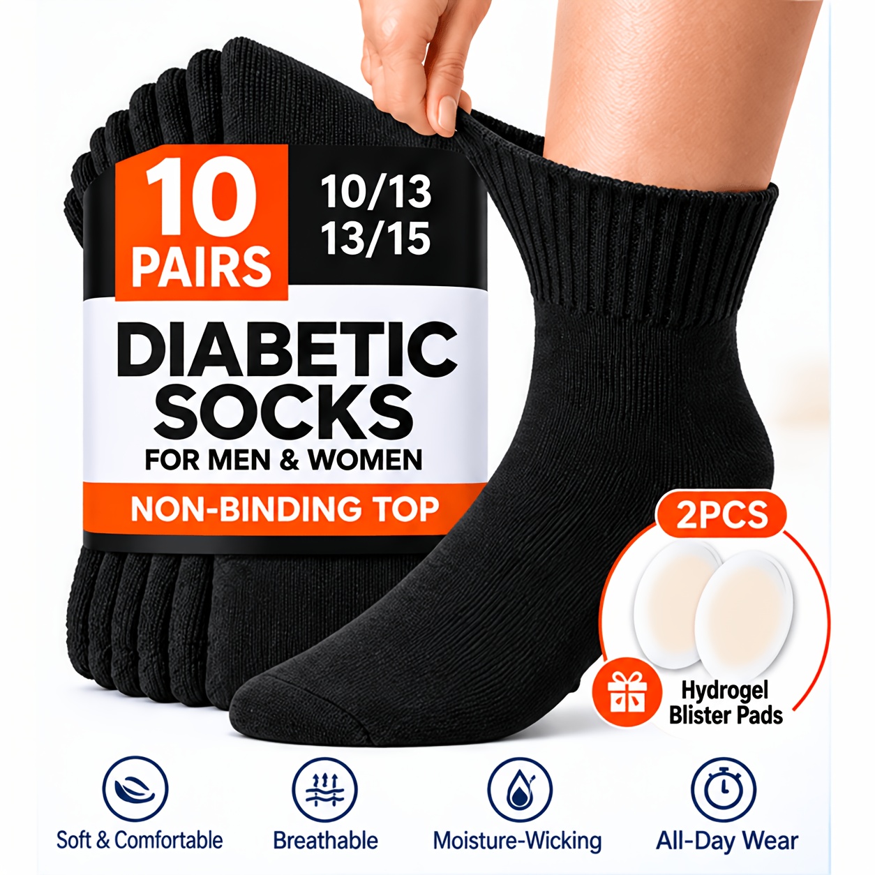TEMU 10 Pairs Diabetic Socks For Men And Women, Non-binding Wide Stretch Top, Breathable Moisture-wicking Blend Crew Socks, Smooth Toe, Soft Loose