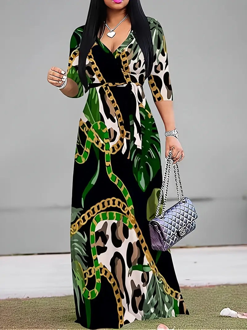 elegant long sleeve dress leaf chain print black green - Temu Mauritius elegant long sleeve dress leaf chain print black green - Temu Mauritius