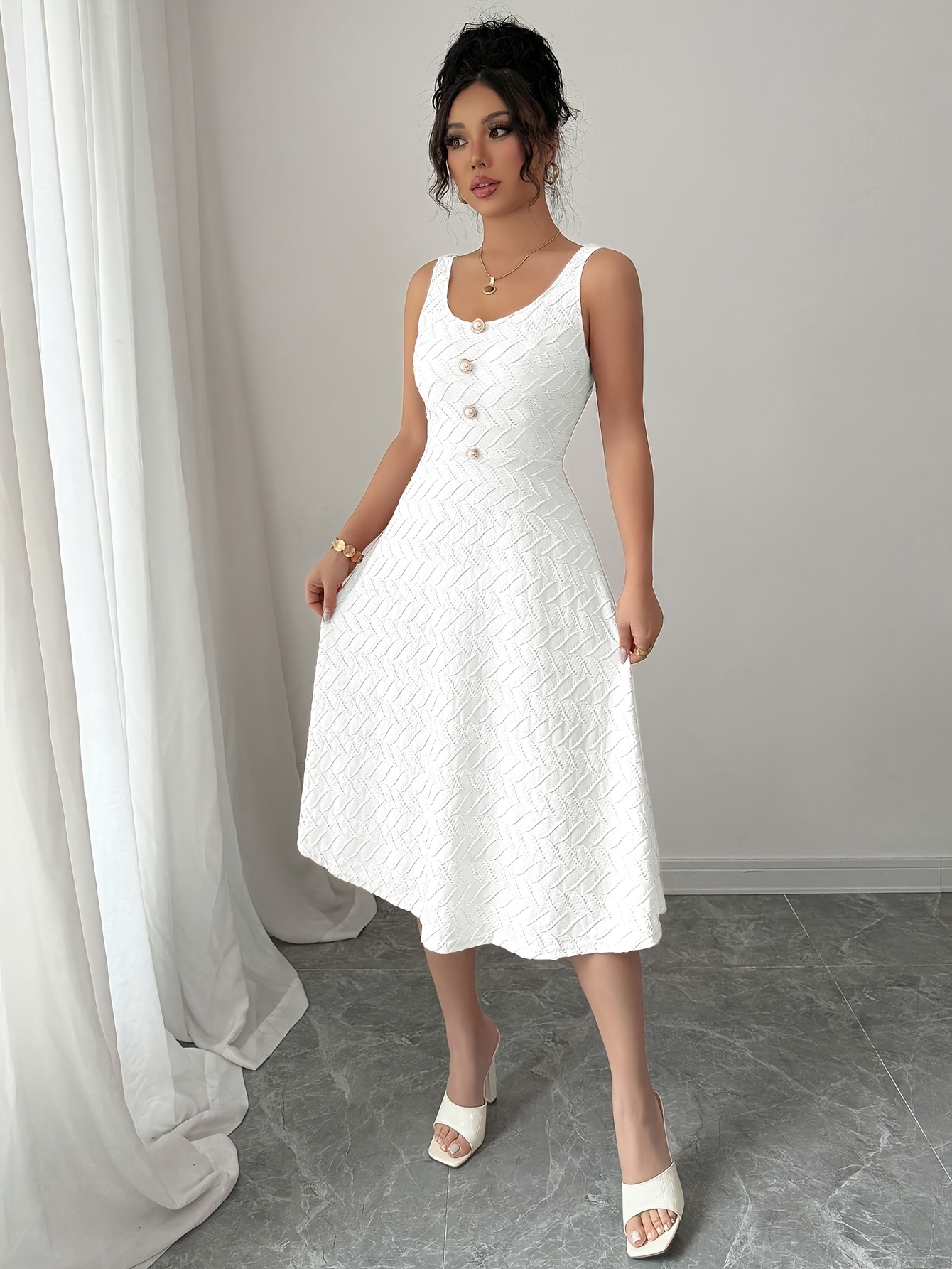 elegant sleeveless dress - white, -length, peplum fit with button detail,  spring/summer, casual to semi-formal attire, casual attire|peplum |crew  neckline - women's clothing - Temu Saudi Arabia