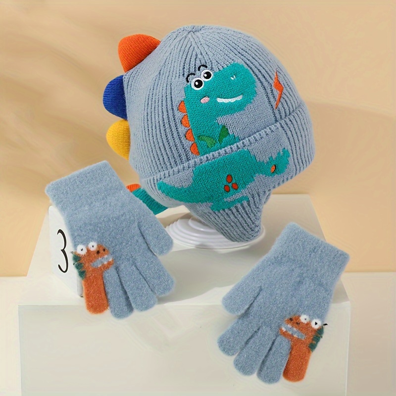 2pcs Set Hat Autumn Winter Warm Ear-warming Hat 2pcs Set Cute Cartoon Dinosaur Finger Glove Set Hat Thickened Pullover Hat Suitable For Daily Outdoor Travel Suitable For 4-7 Year Old Children